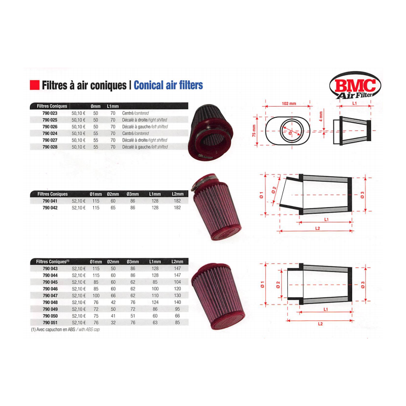 FILTRES A AIR CONIQUES UNIVERSELS BMC