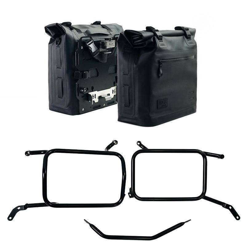 Deux sacoches cavalières khali en tpu 35l - 45l + paire de plaques aluminium + cadres de sacoches en aluminium moto guzzi v85 tt